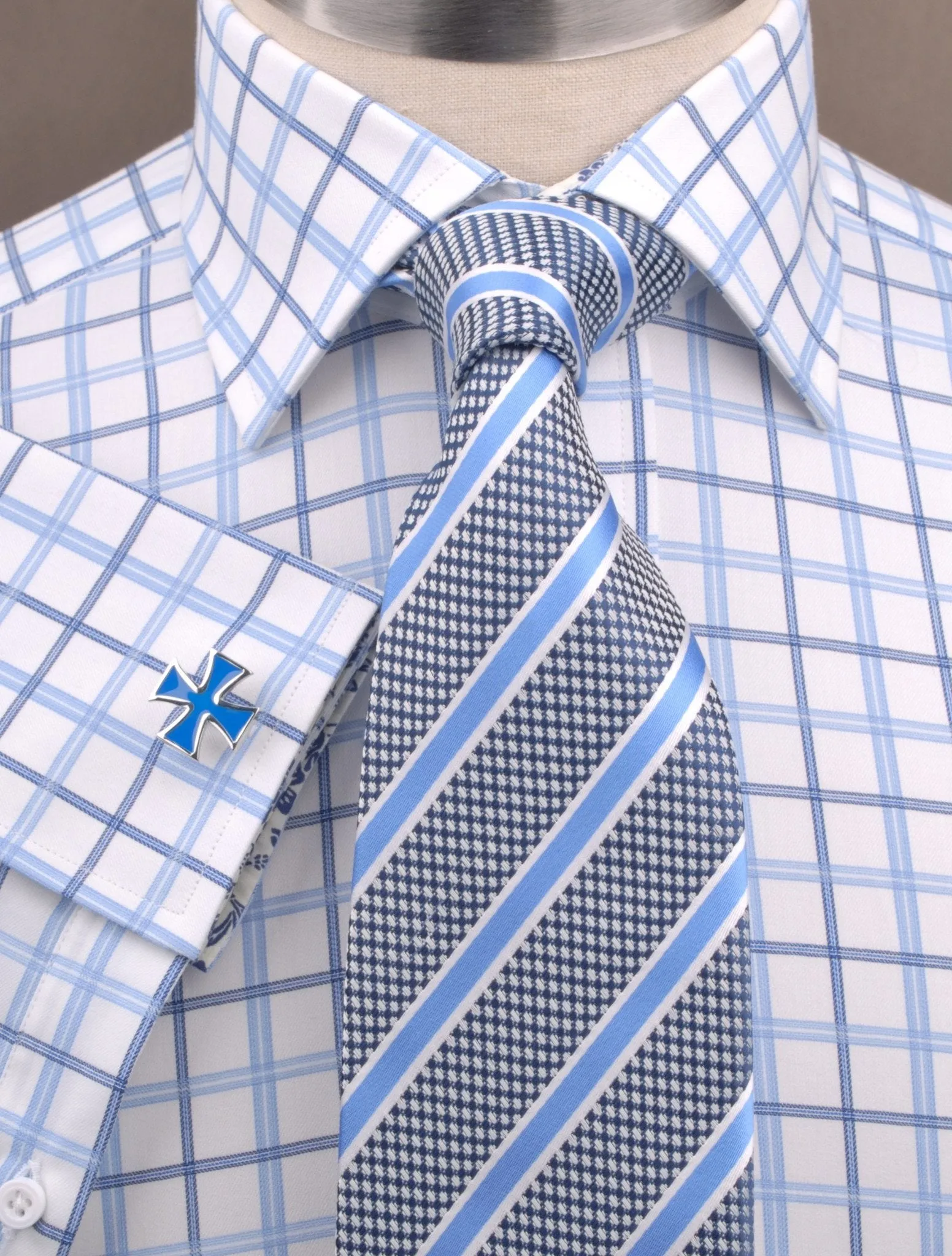 Dignified Blue Striped Check on Twill Formal Business Dress Shirt with Floral Inner-Lining