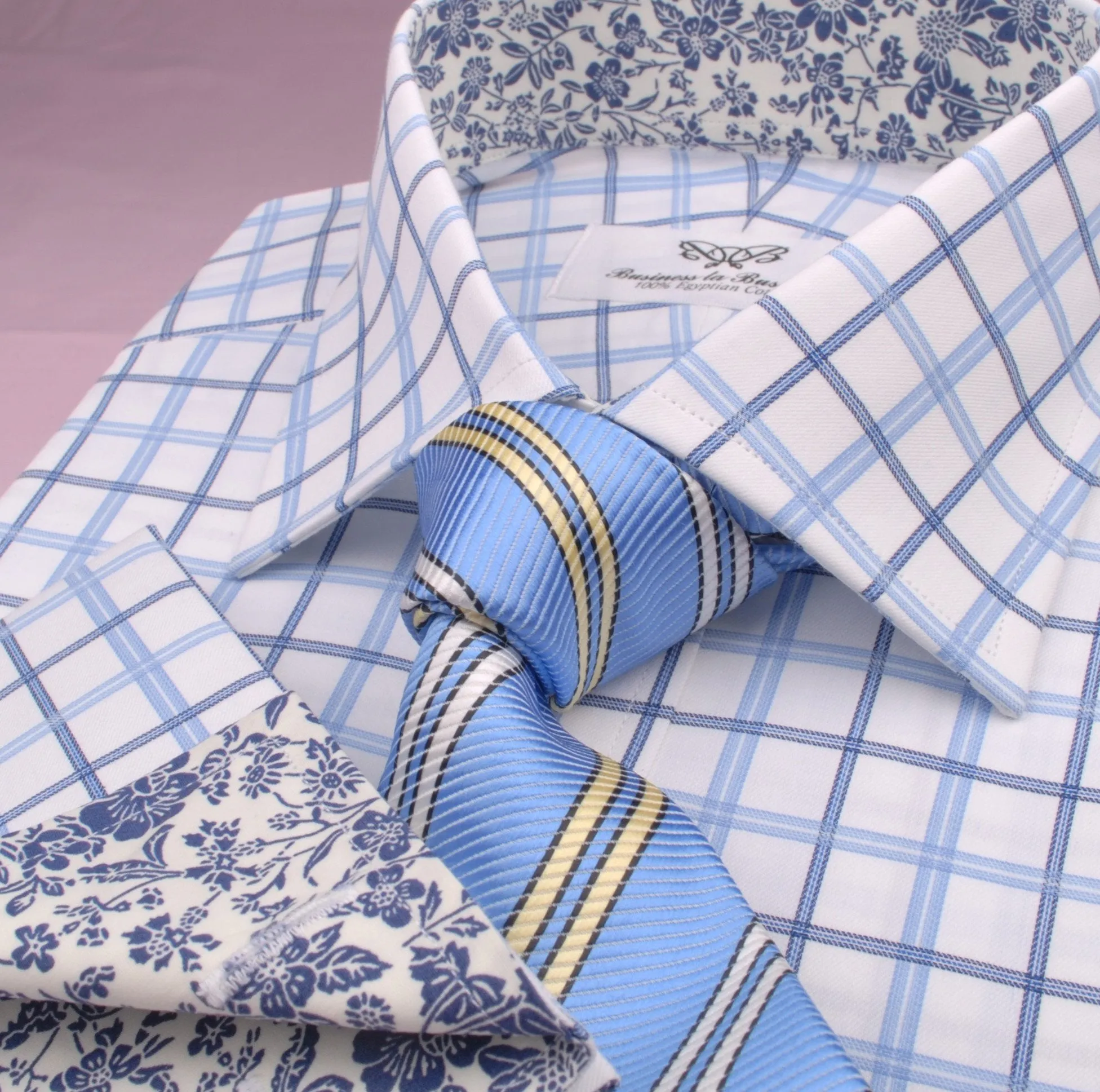 Dignified Blue Striped Check on Twill Formal Business Dress Shirt with Floral Inner-Lining