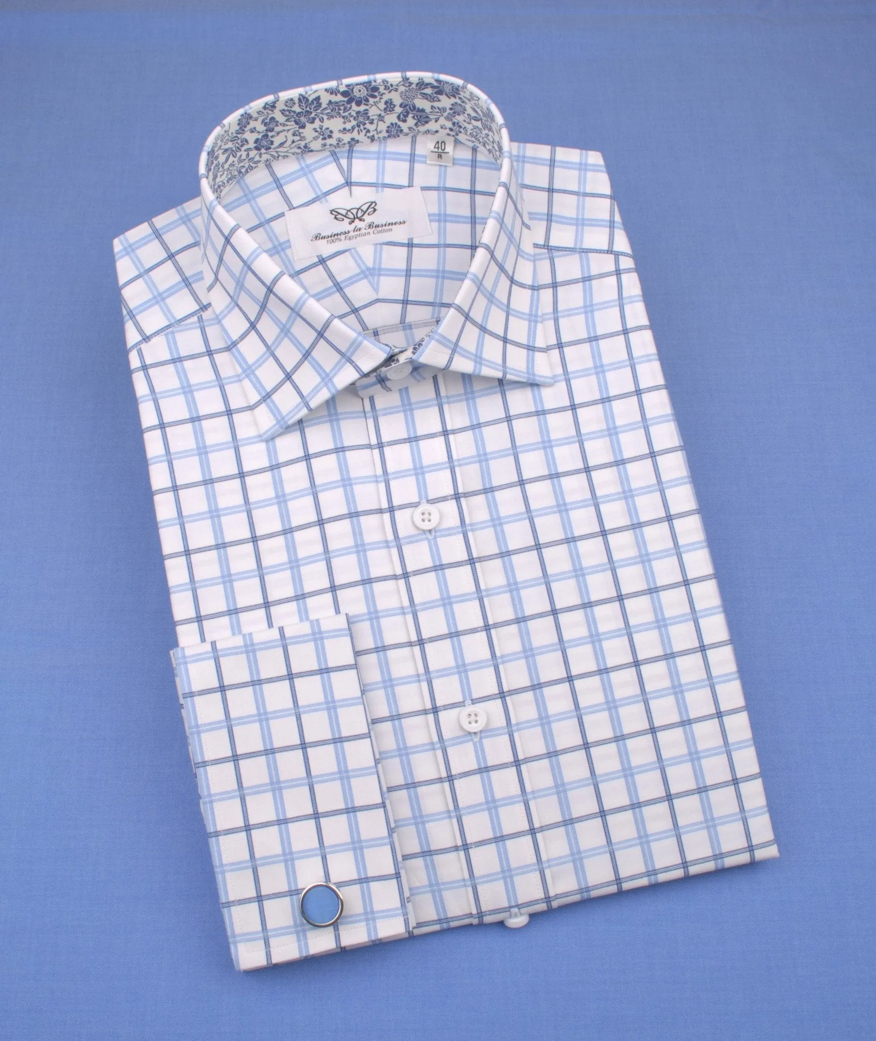 Dignified Blue Striped Check on Twill Formal Business Dress Shirt with Floral Inner-Lining