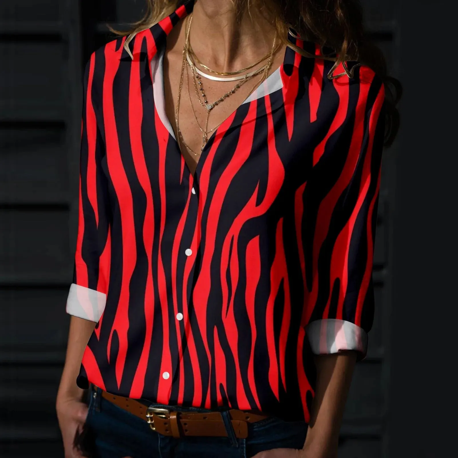 Elegant Zebra-Stripe Long Sleeve V Neck Blouse