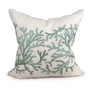 Embroidered Blue Coral Accent Pillow