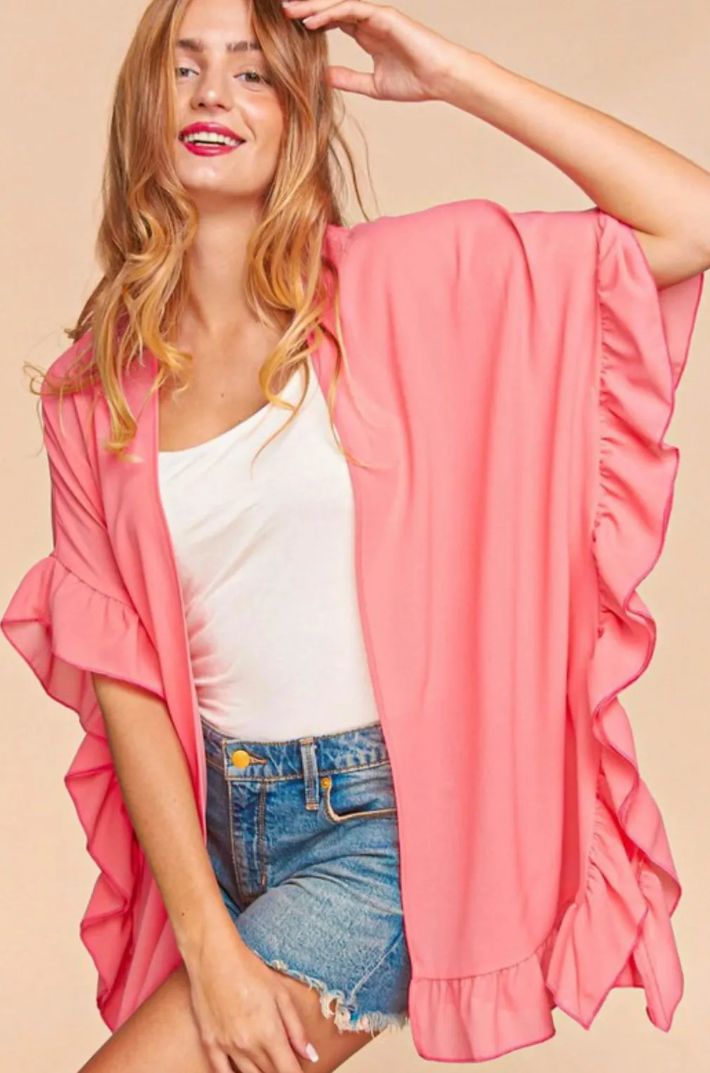 Falling For You Open Front Ruffle Trim Kimono Cardigan