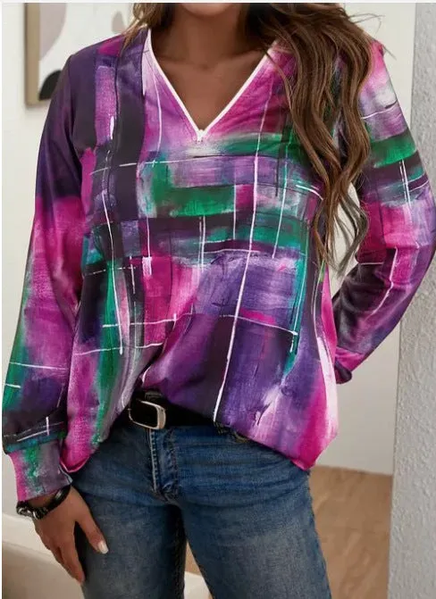 Fashion all-match V-neck geometric color printing long-sleeved T-shirt