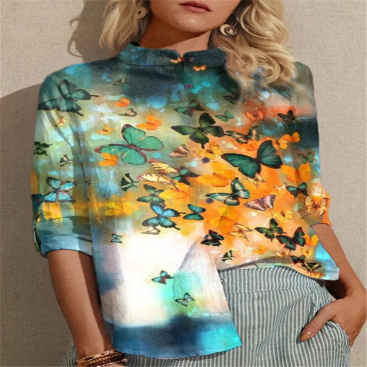 Fashion casual butterfly print stand-up collar single-breasted shirt