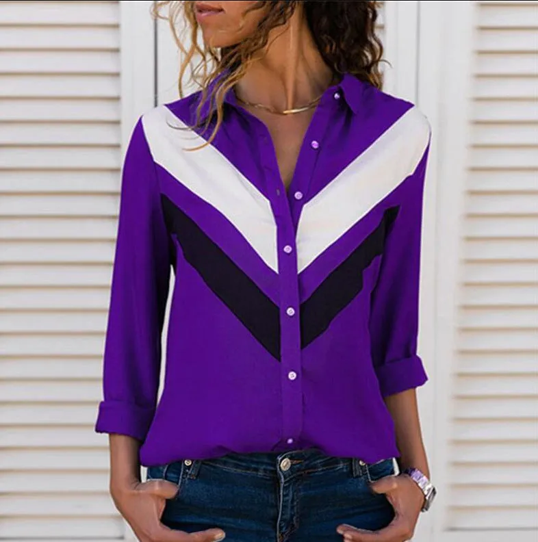 Fashion casual spring and summer chiffon shirt long-sleeved solid color stitching V-neck ladies top