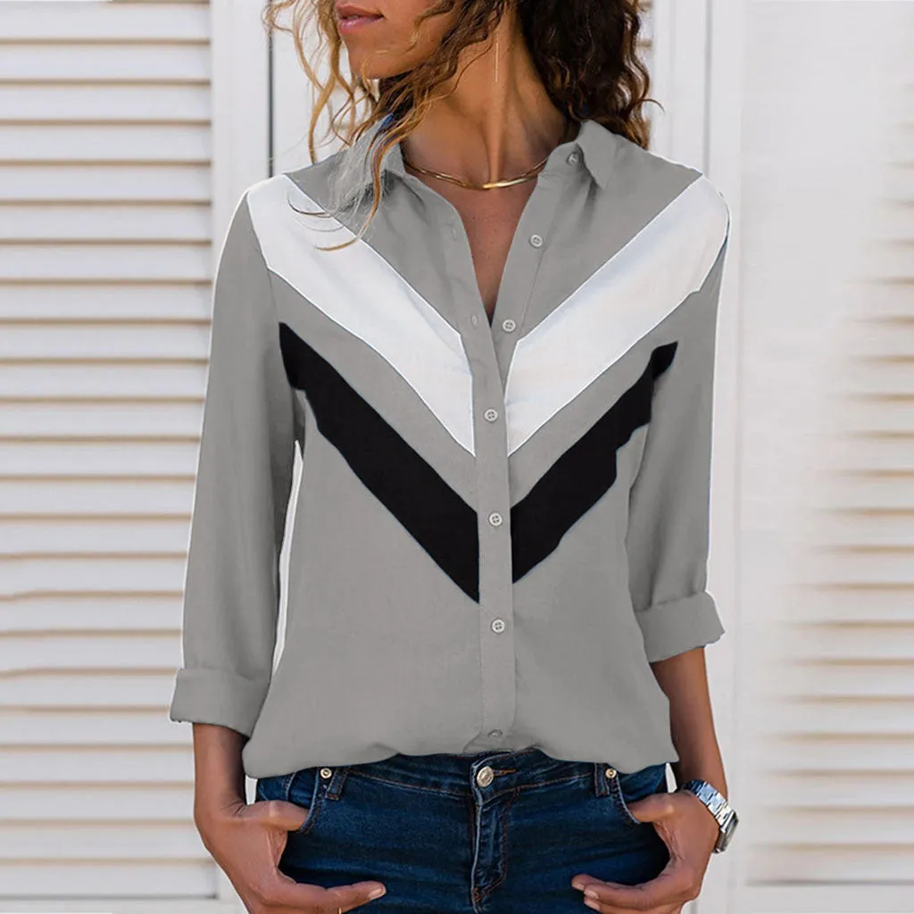 Fashion casual spring and summer chiffon shirt long-sleeved solid color stitching V-neck ladies top