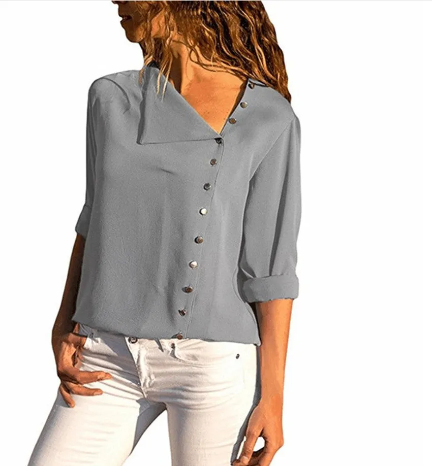 Fashion temperament button irregular oblique collar long sleeve blouse