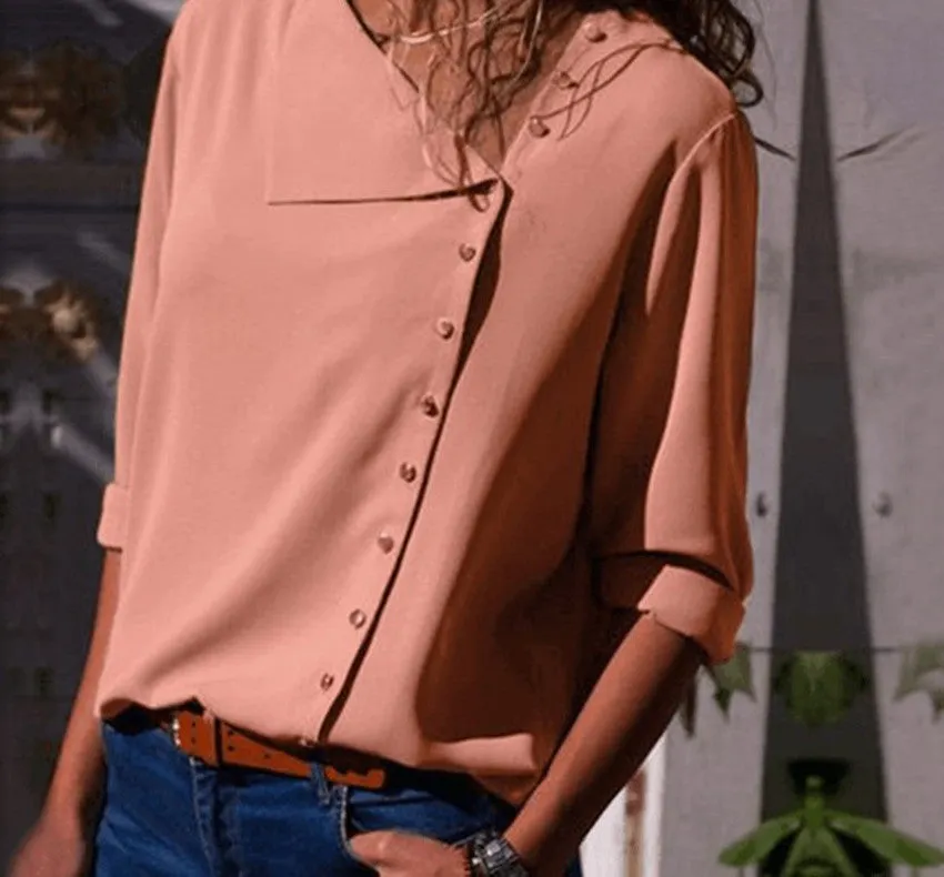 Fashion temperament button irregular oblique collar long sleeve blouse