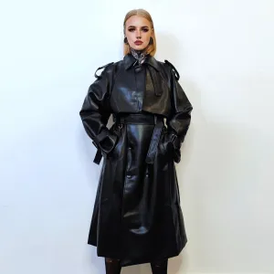 Faux leather trench coat double breasted dominatrix jacket