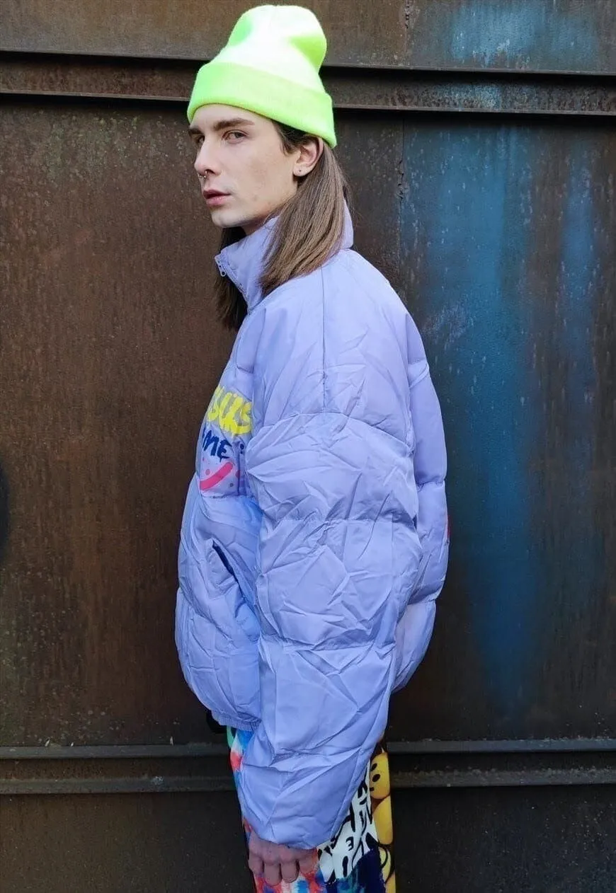 Fluorescent bomber teddy bear print jacket in pastel purple