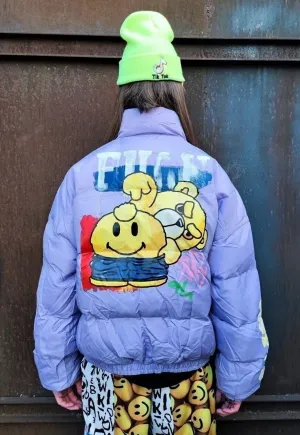 Fluorescent bomber teddy bear print jacket in pastel purple