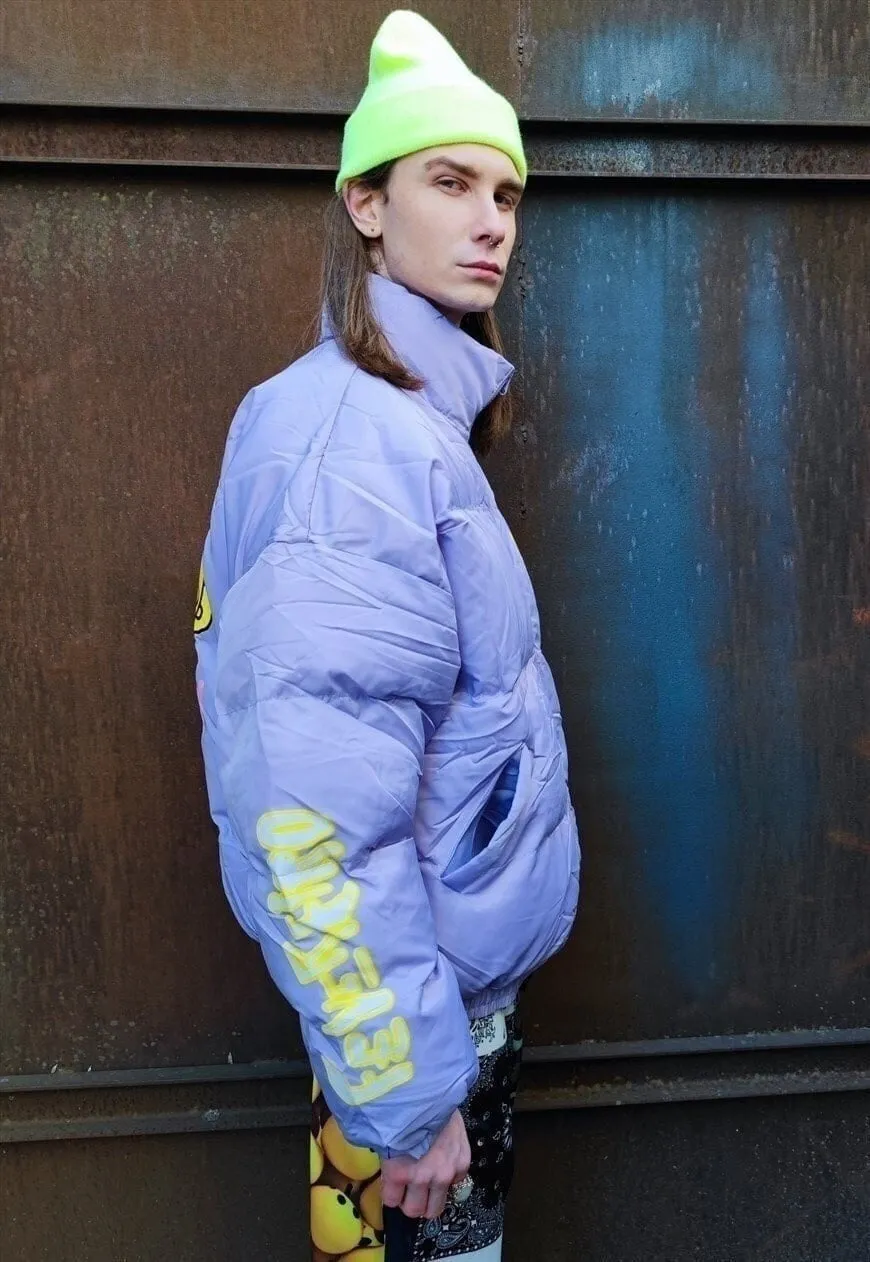 Fluorescent bomber teddy bear print jacket in pastel purple