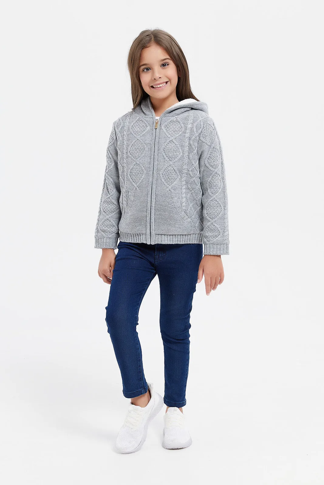 Girls Grey Zip Knitted Cardigan