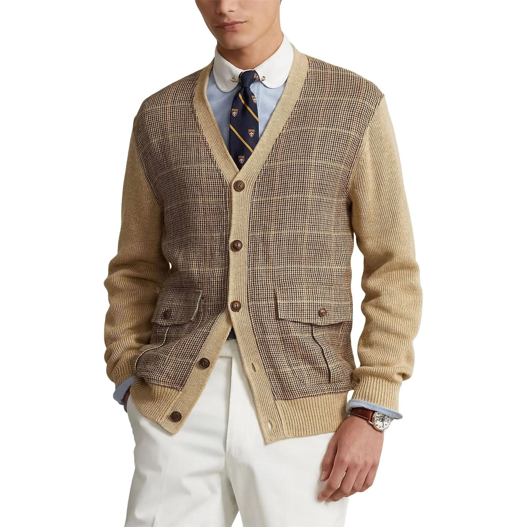 Glen Plaid Paneled Linen-Silk Cardigan Tan Multi - SS23