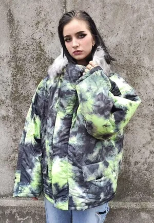 Gradient space print parka tie-dye print bomber coat green