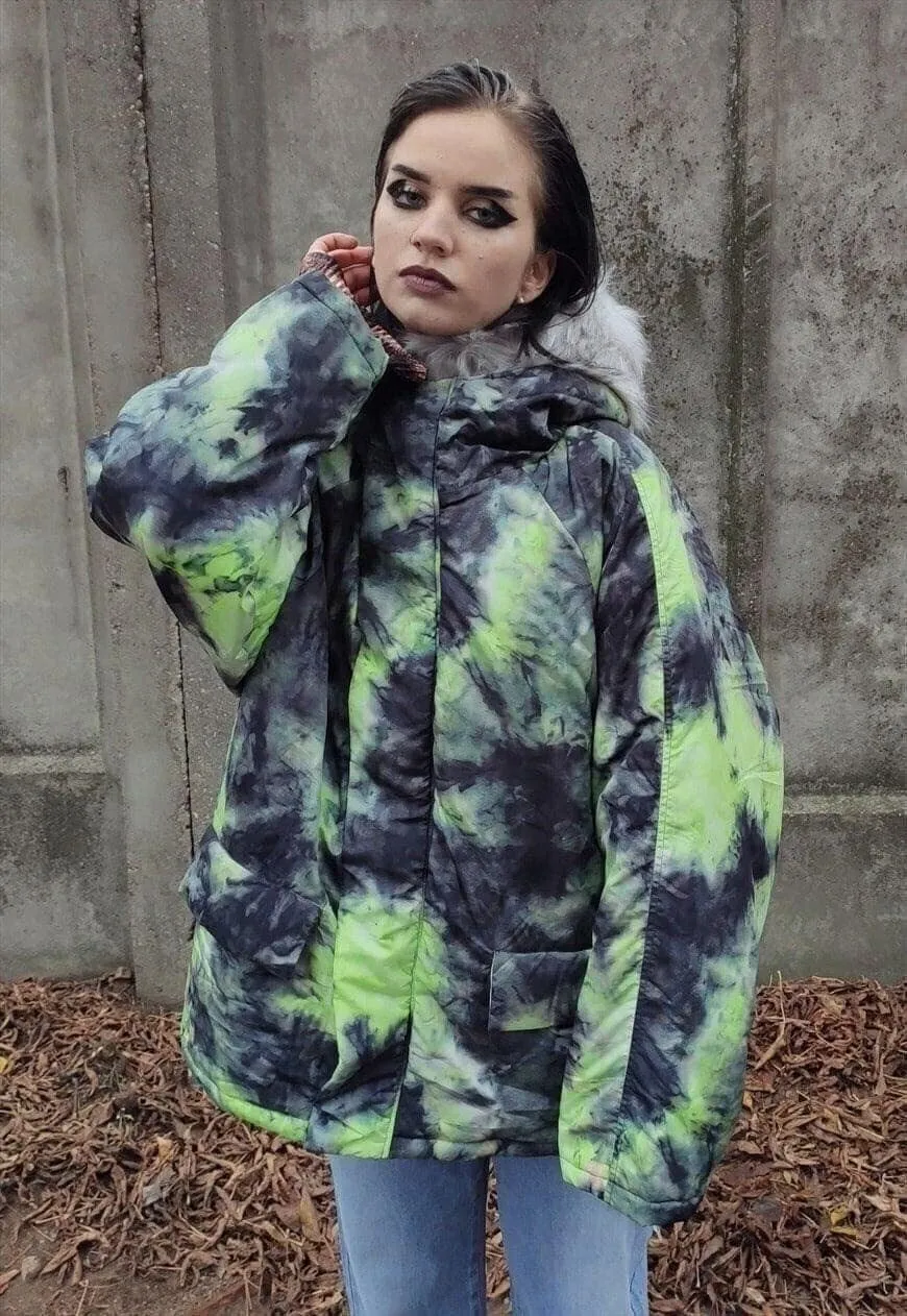 Gradient space print parka tie-dye print bomber coat green