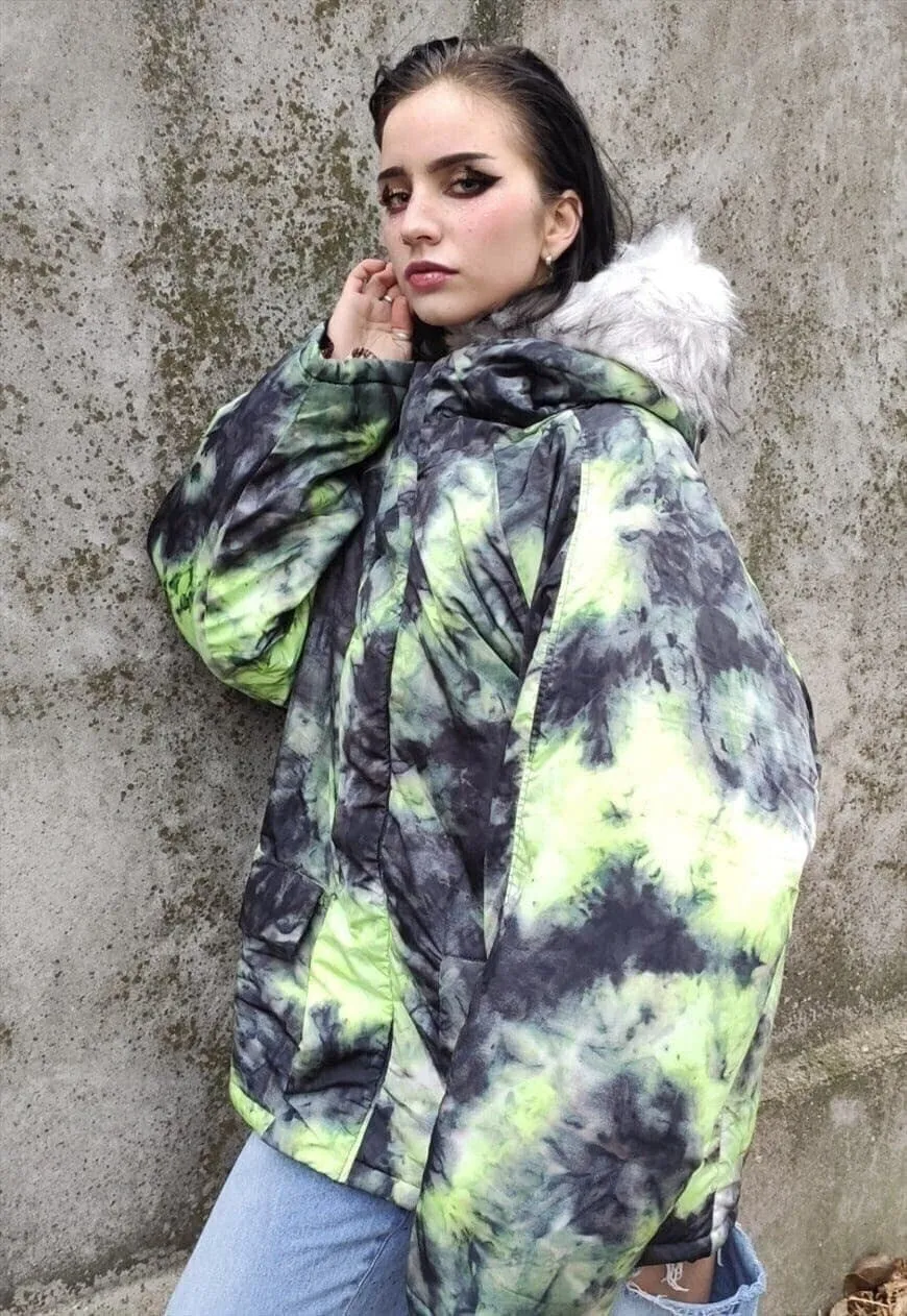 Gradient space print parka tie-dye print bomber coat green