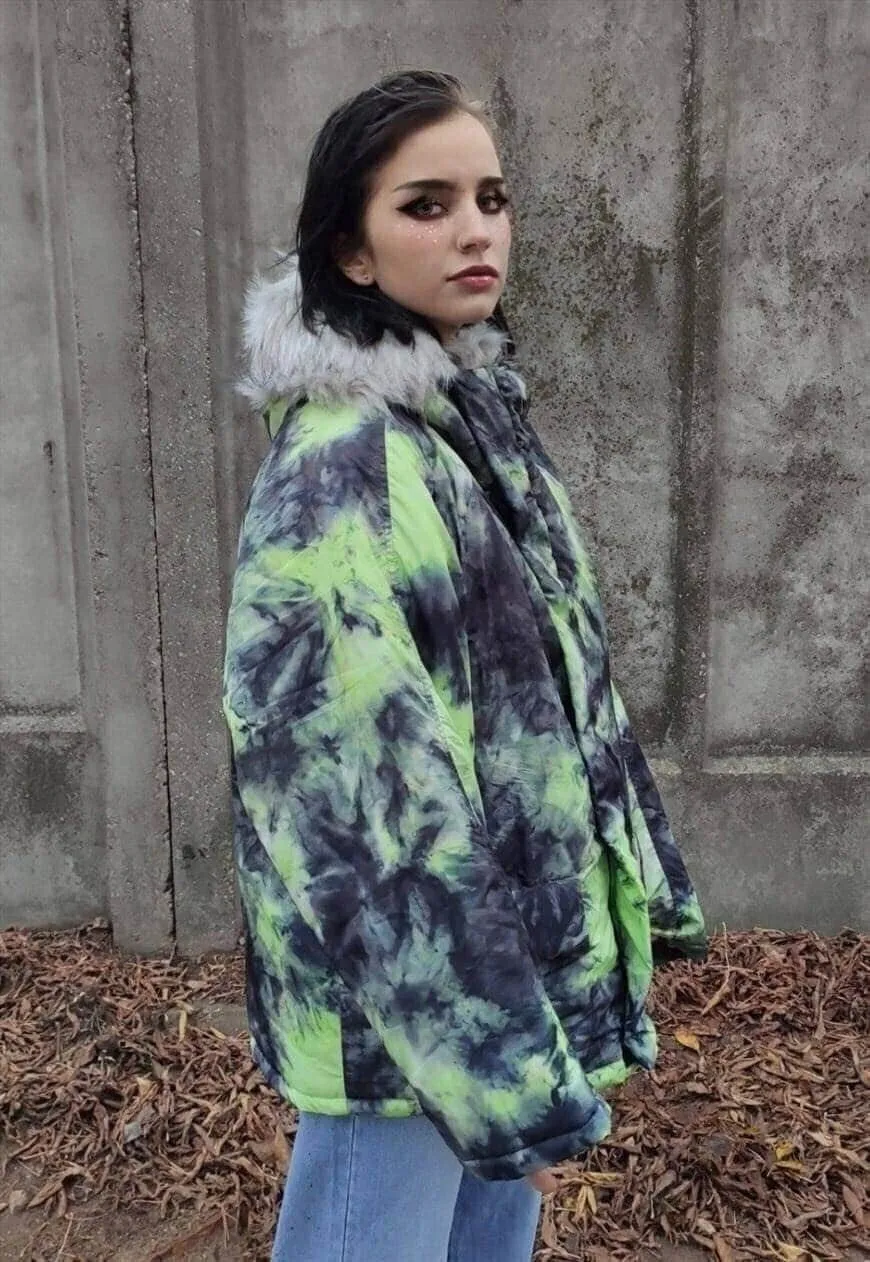 Gradient space print parka tie-dye print bomber coat green