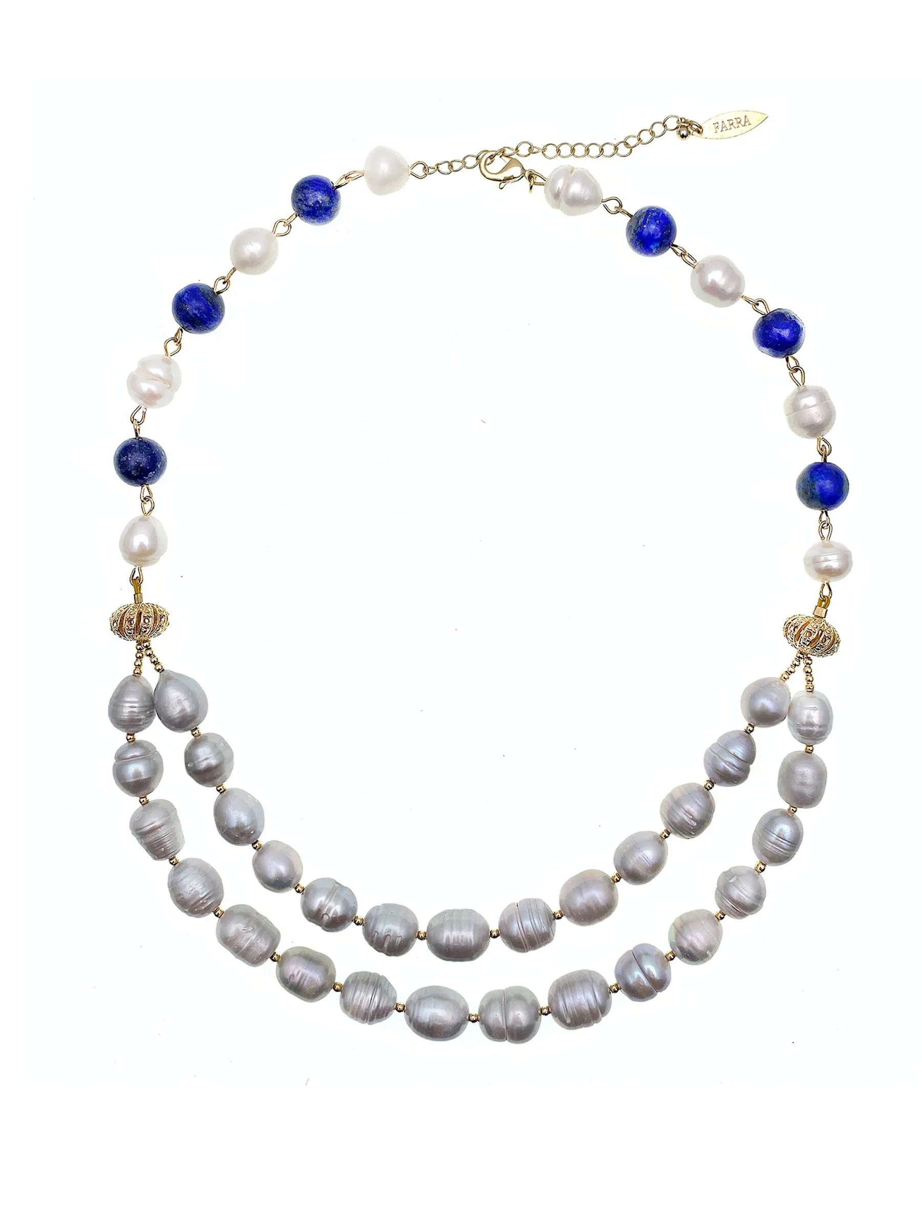 Gray Freshwater Pearls With Round Lapis Double Strands Necklace FN010