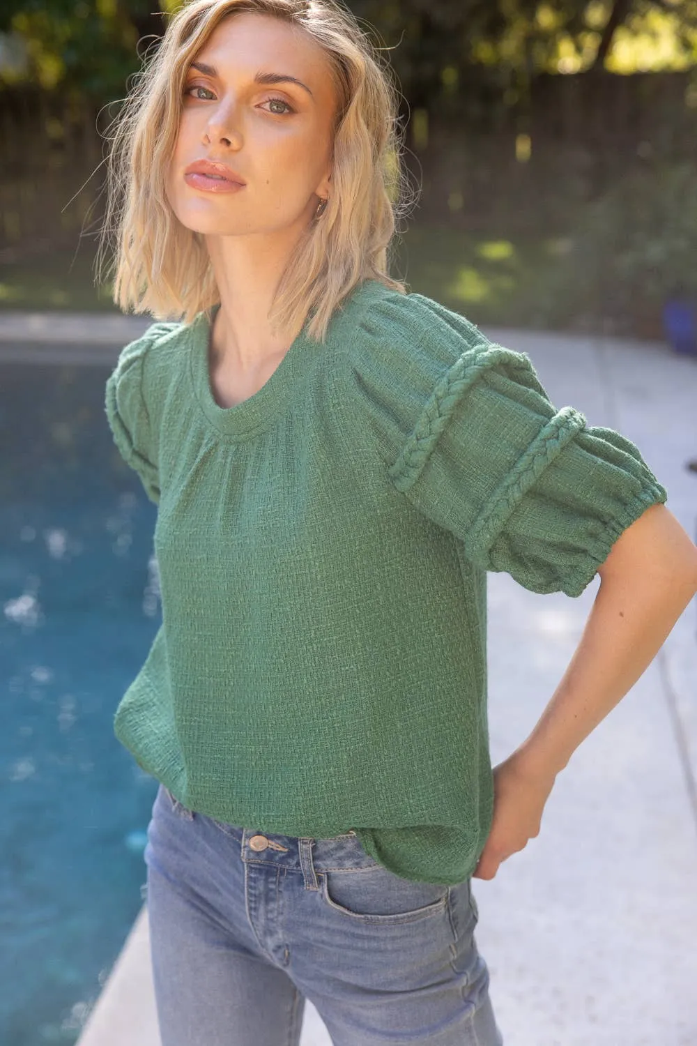 Green Braid Detailed Puff Sleeve Tweed Top