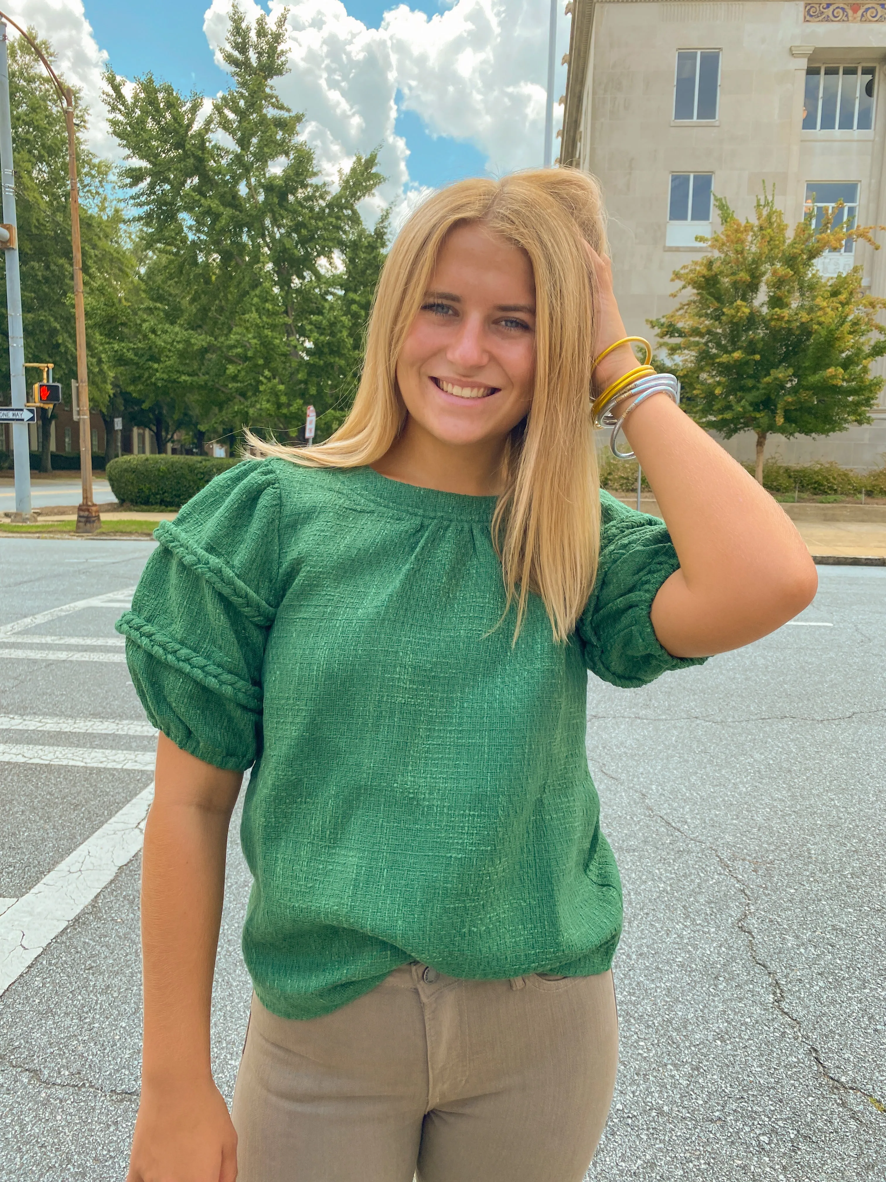 Green Braid Detailed Puff Sleeve Tweed Top