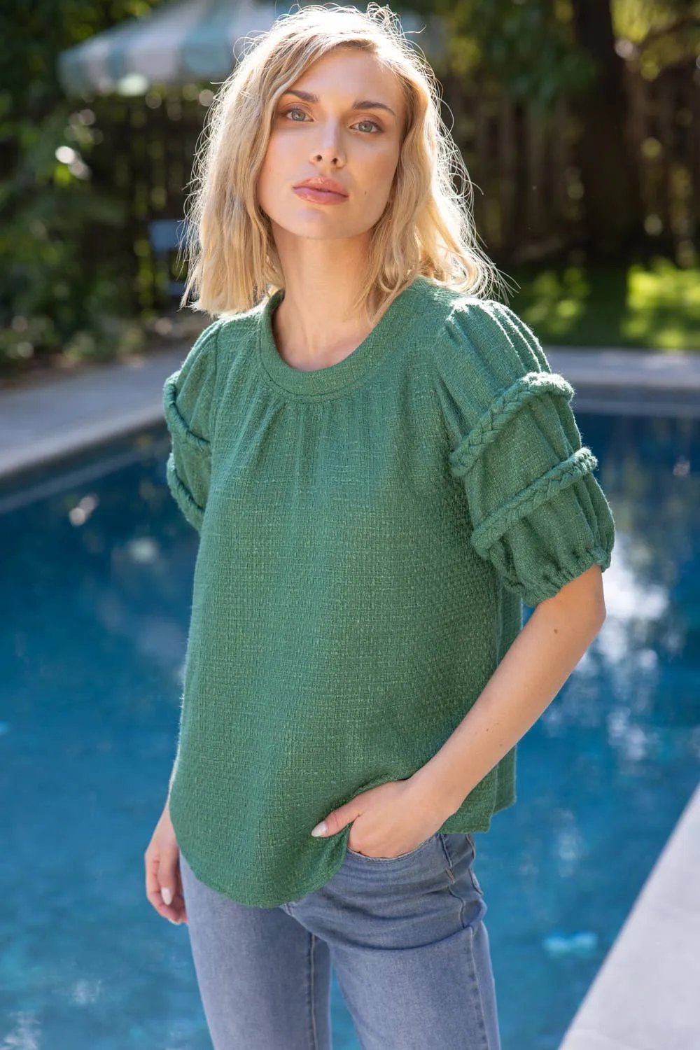 Green Braid Detailed Puff Sleeve Tweed Top