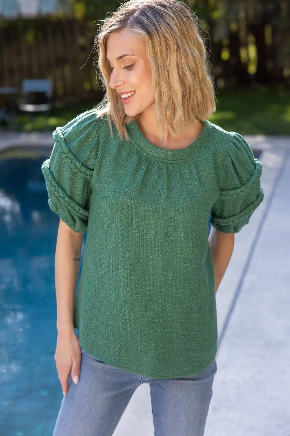 Green Braid Detailed Puff Sleeve Tweed Top