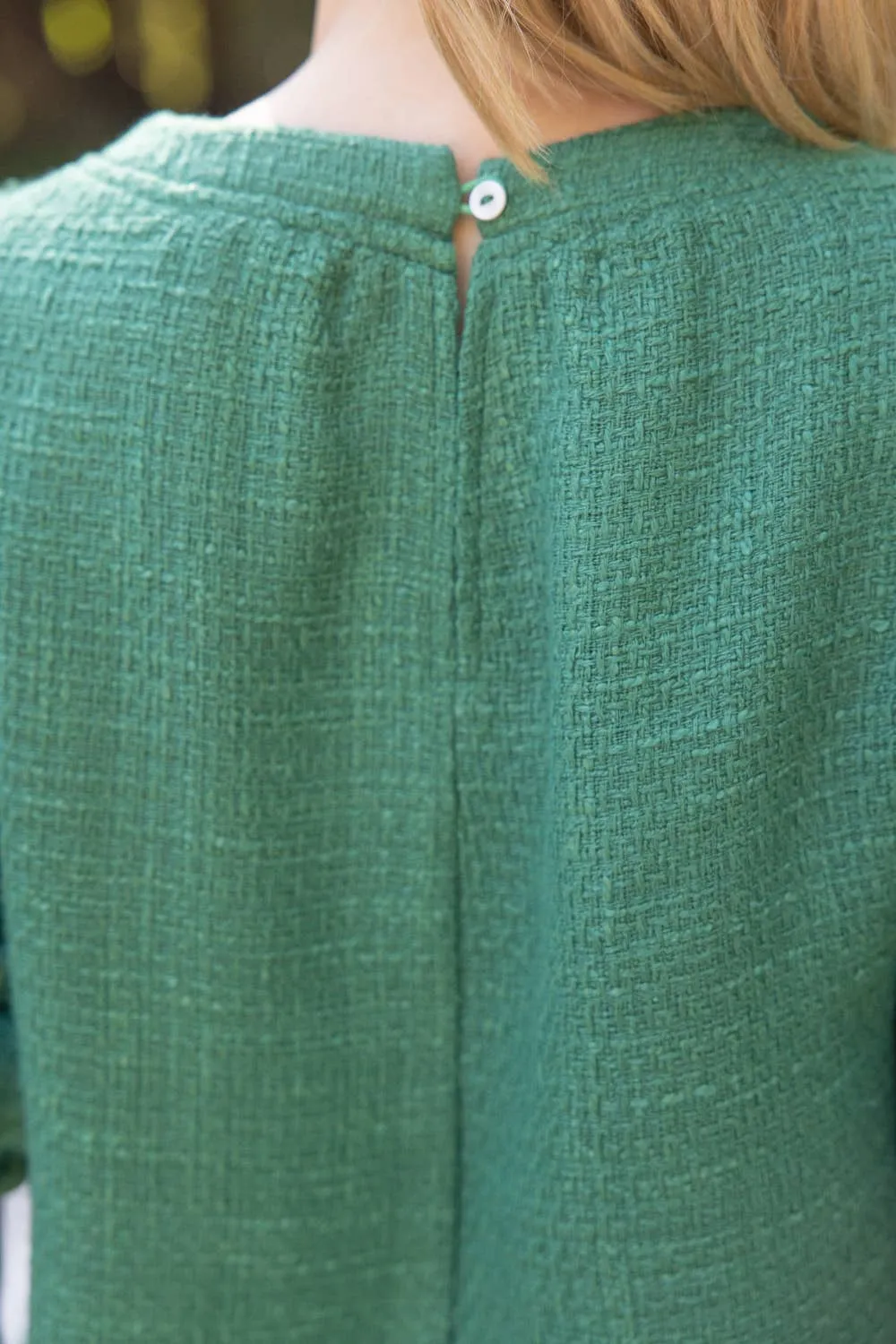 Green Braid Detailed Puff Sleeve Tweed Top