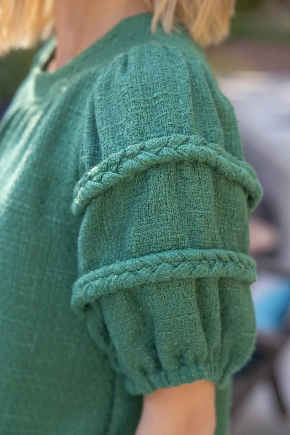 Green Braid Detailed Puff Sleeve Tweed Top