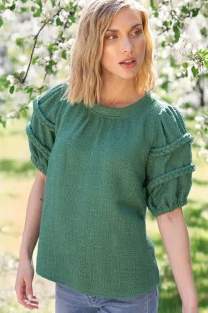 Green Braid Detailed Puff Sleeve Tweed Top