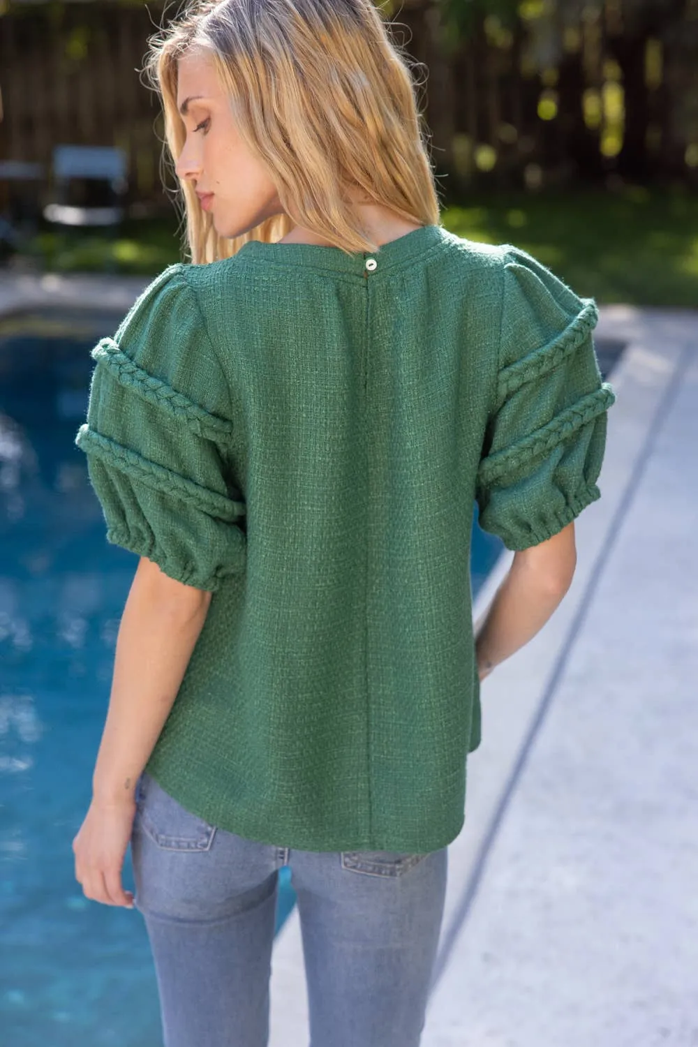 Green Braid Detailed Puff Sleeve Tweed Top