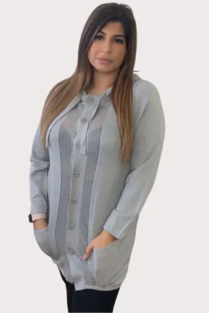 Grey Sheer Panels Hooded Cardigan