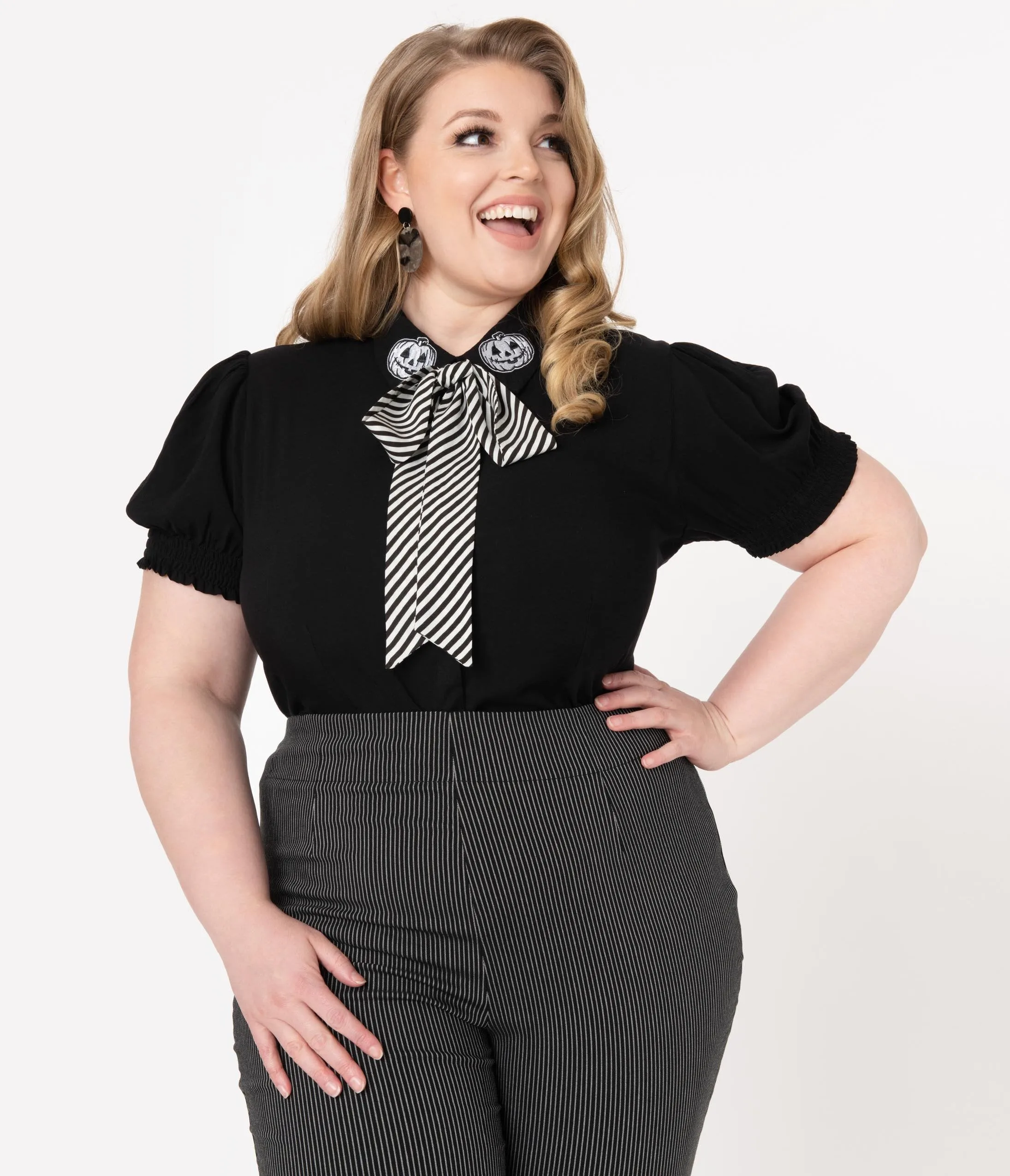 Hell Bunny Plus Size 1950s Black & Stripe Bow Skelli Blouse