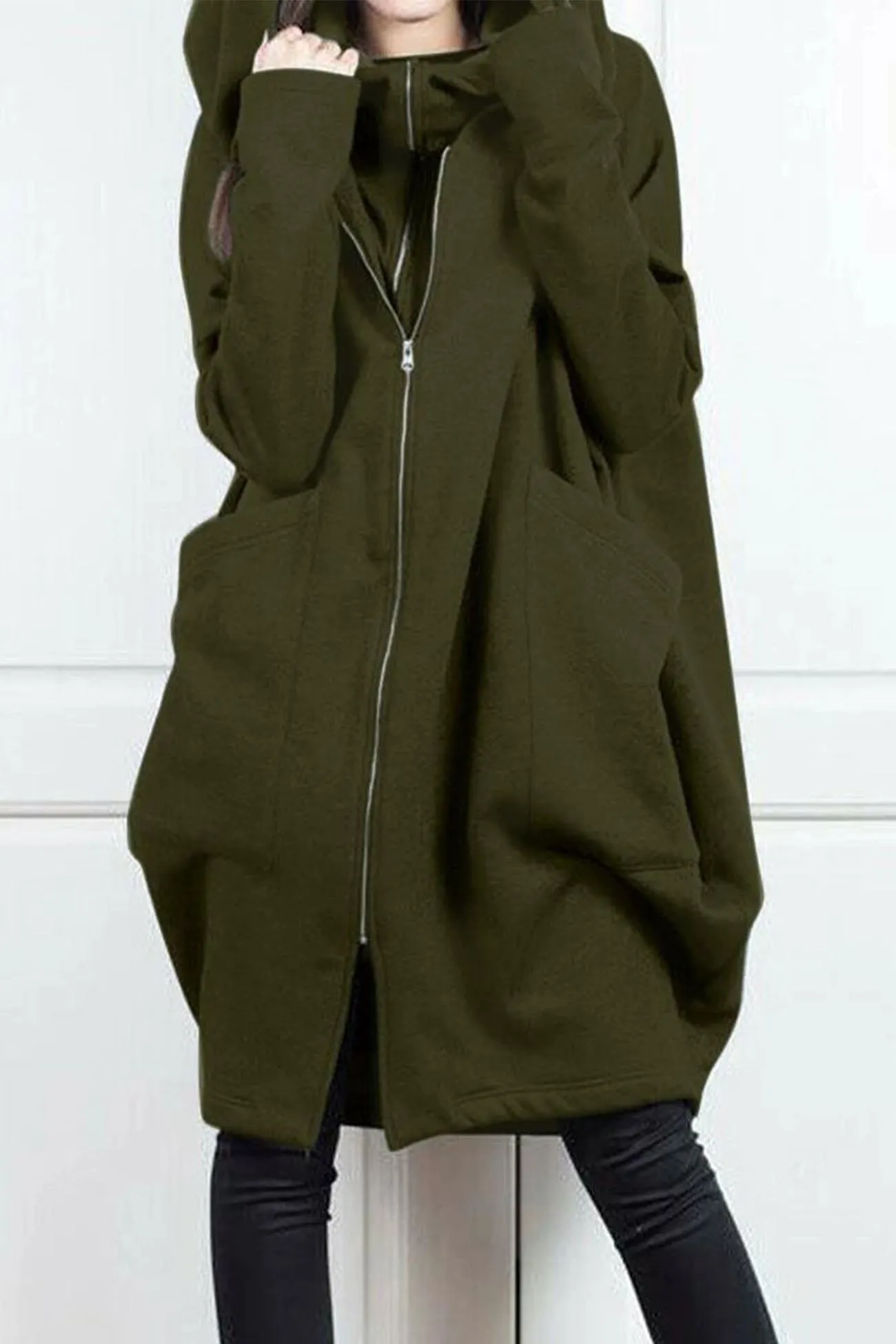 Hooded Pocket Zipper Mid-Length Cardigan