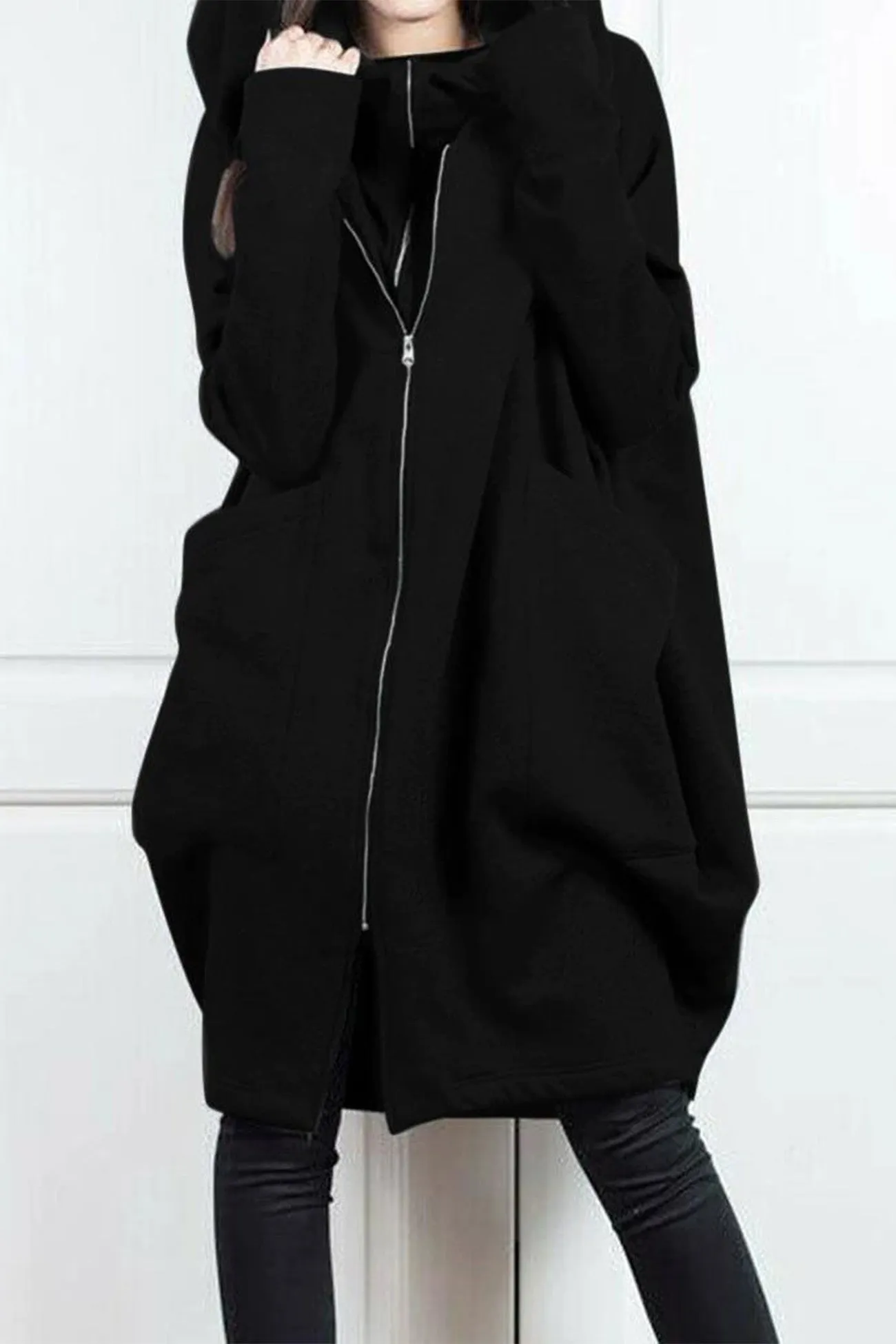 Hooded Pocket Zipper Mid-Length Cardigan