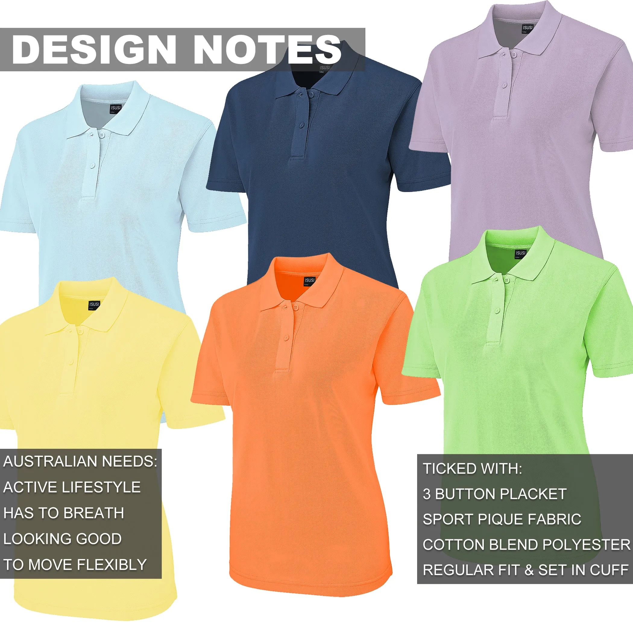 ISUSI Everyday Ladies Polo Shirts, Cotton Blend, UPF 30 