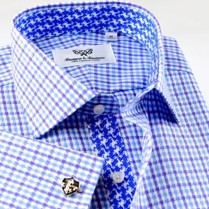 Italian Designer Checks Floral Formal Business Dress Shirt Double Cuffs