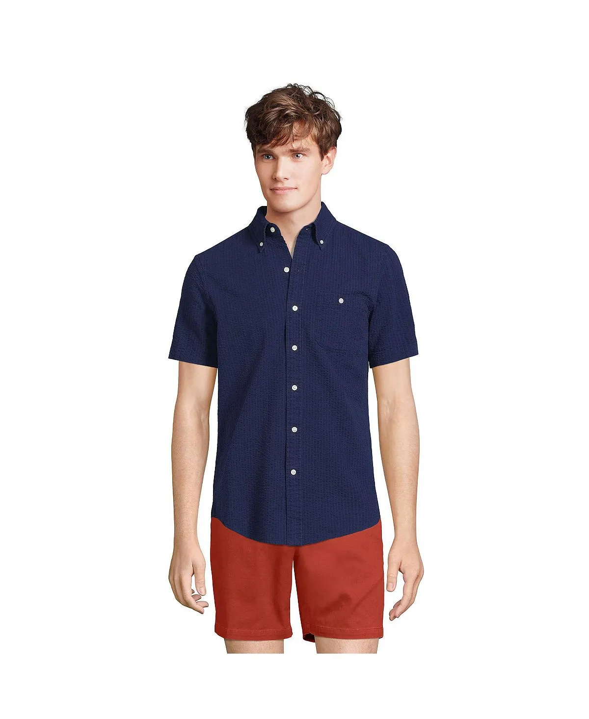 Lands' End Men's Traditional Fit Crinkled Cotton Short Sleeve Shirt