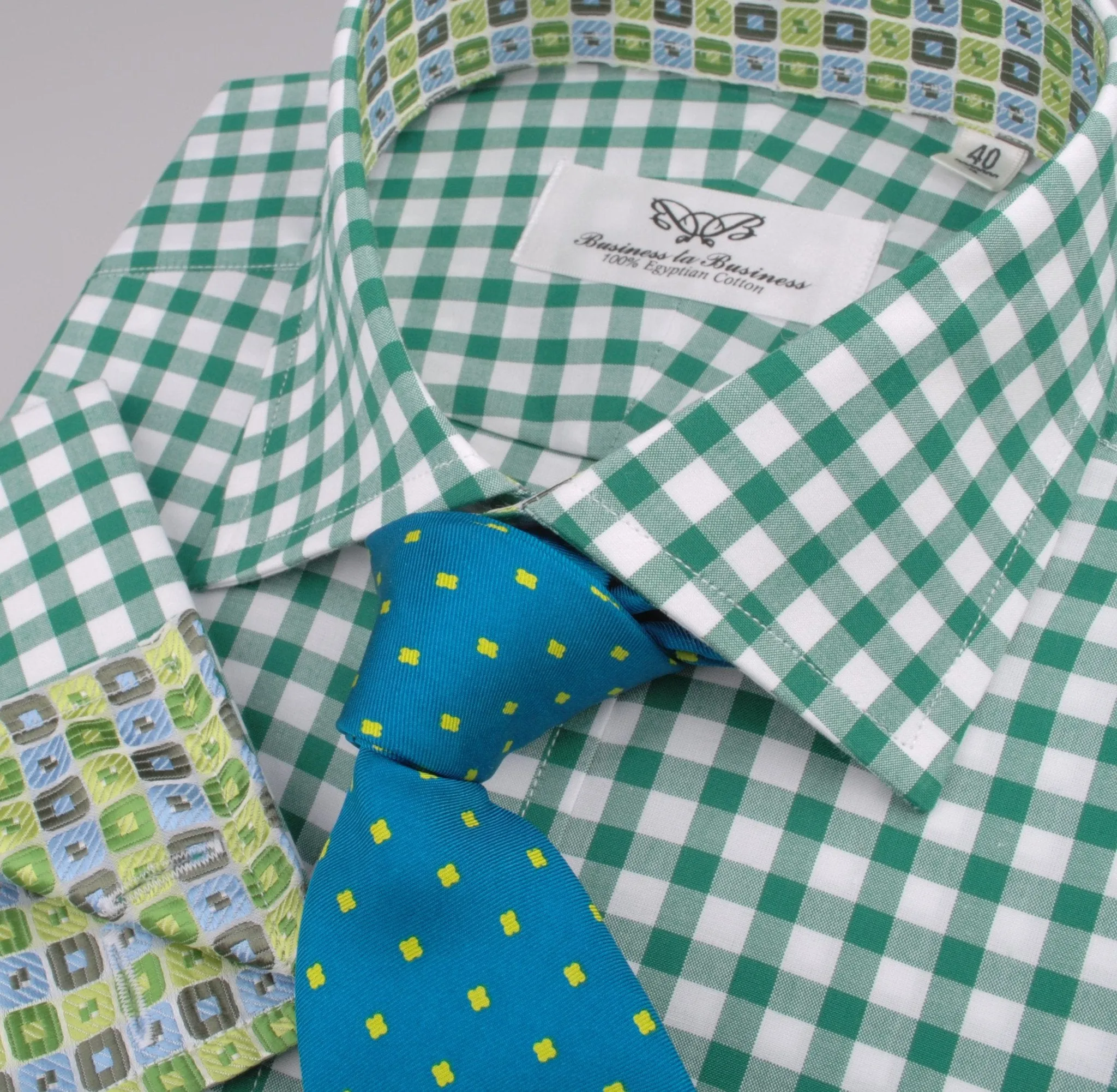 Large Green Gingham Check Formal Business Dress Shirt Blue Puzzle Designer Fashion