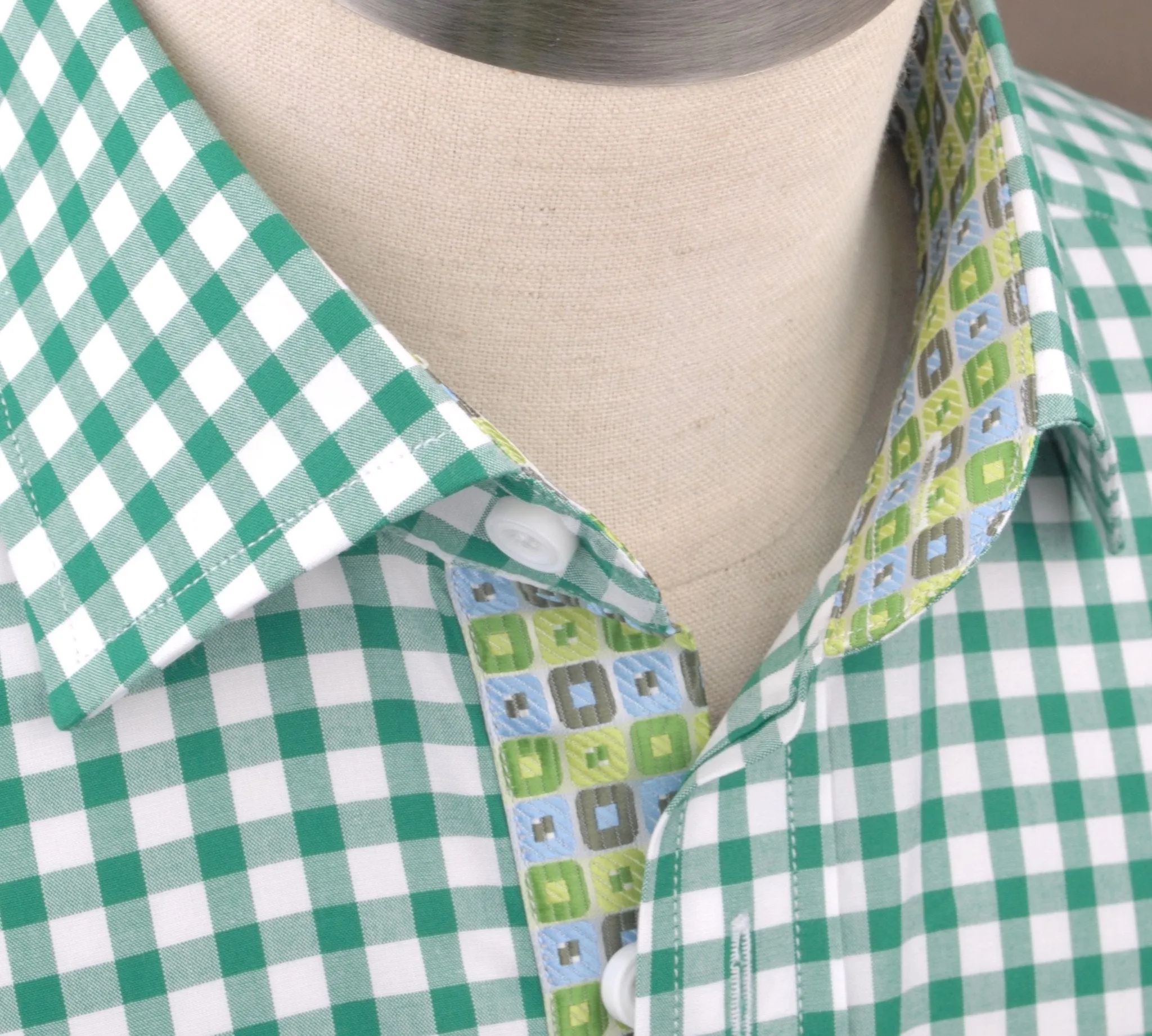 Large Green Gingham Check Formal Business Dress Shirt Blue Puzzle Designer Fashion