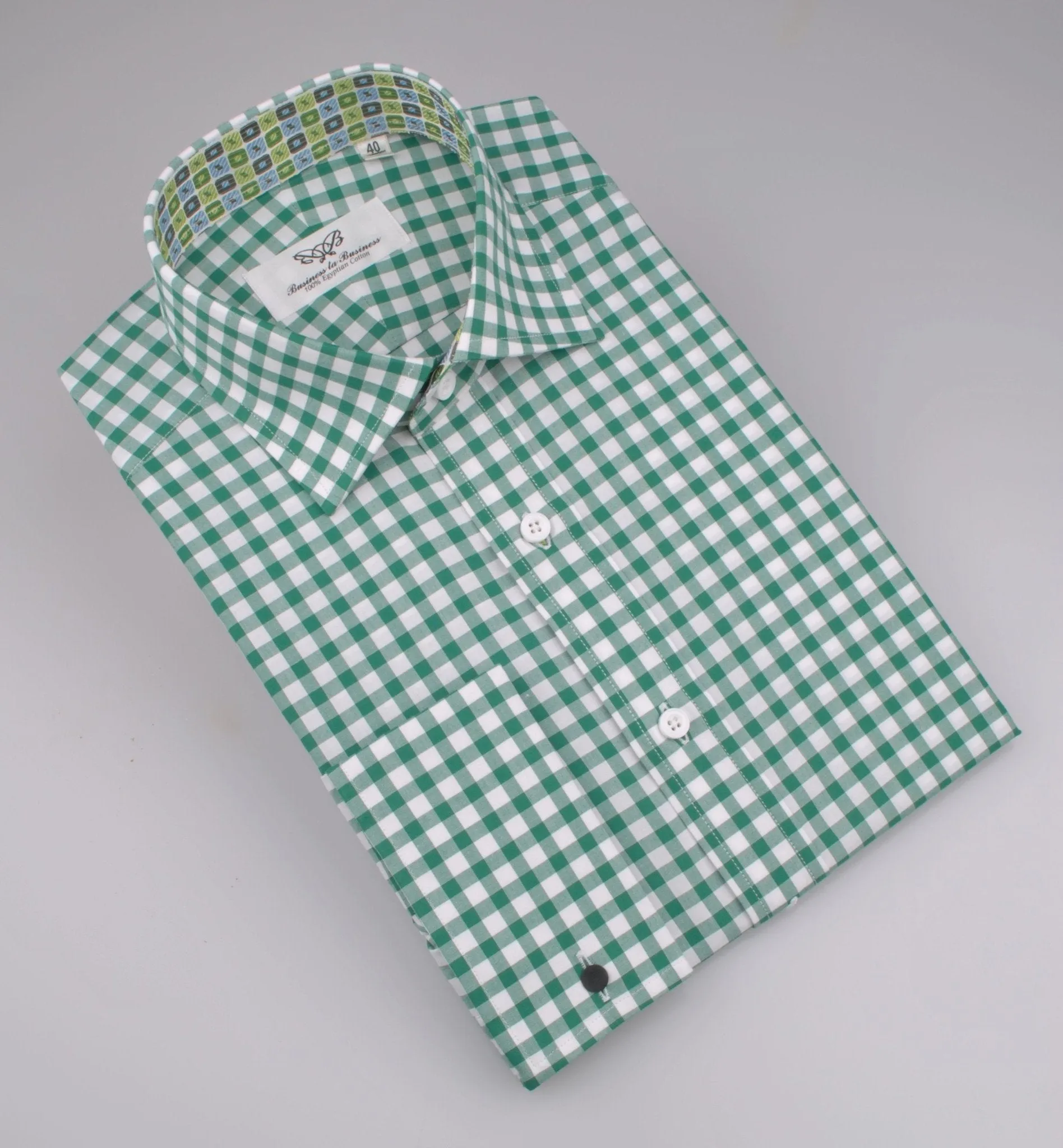 Large Green Gingham Check Formal Business Dress Shirt Blue Puzzle Designer Fashion