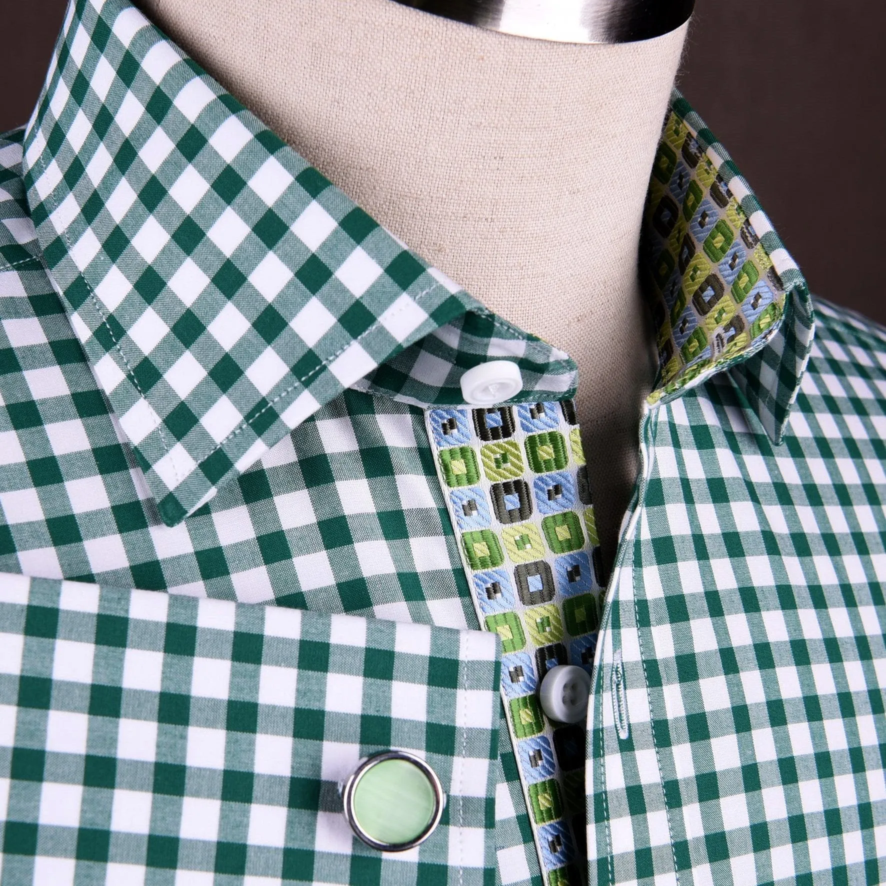 Large Green Gingham Check Formal Business Dress Shirt Blue Puzzle Designer Fashion