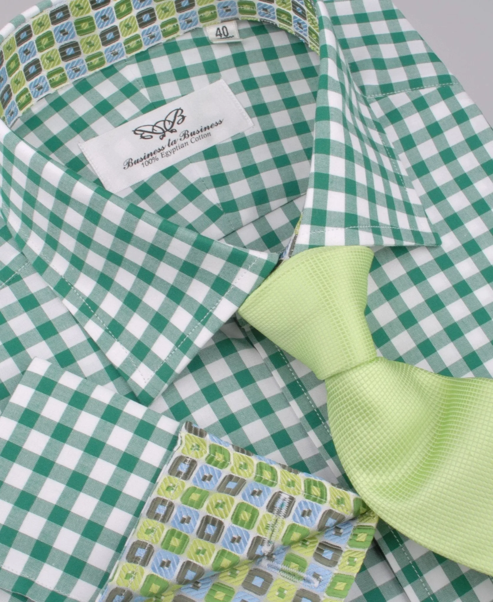 Large Green Gingham Check Formal Business Dress Shirt Blue Puzzle Designer Fashion