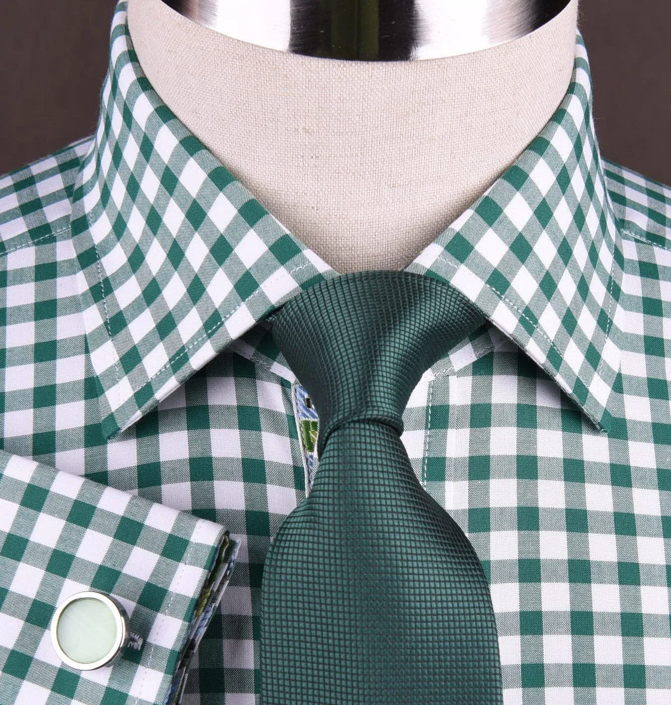 Large Green Gingham Check Formal Business Dress Shirt Blue Puzzle Designer Fashion