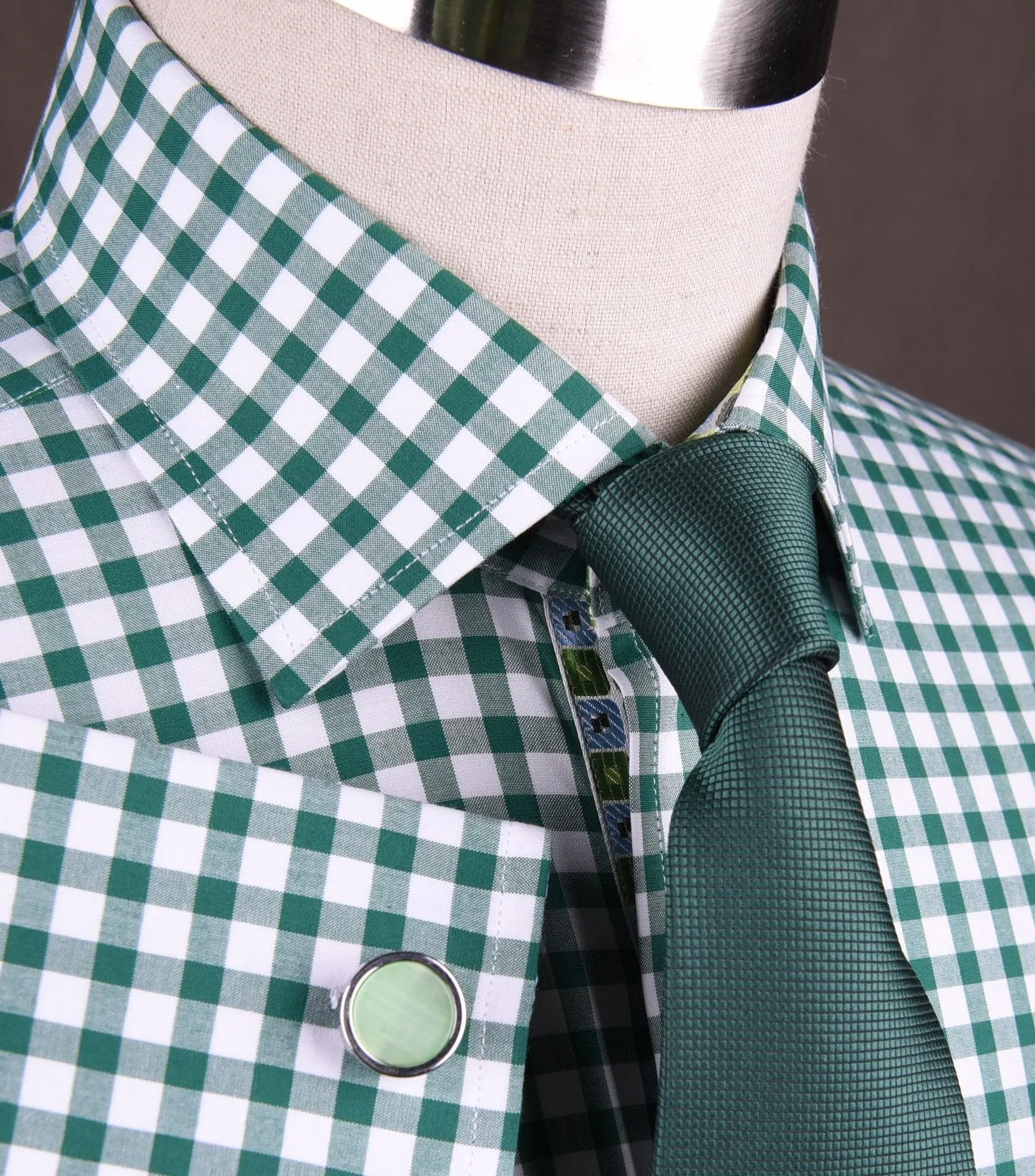 Large Green Gingham Check Formal Business Dress Shirt Blue Puzzle Designer Fashion