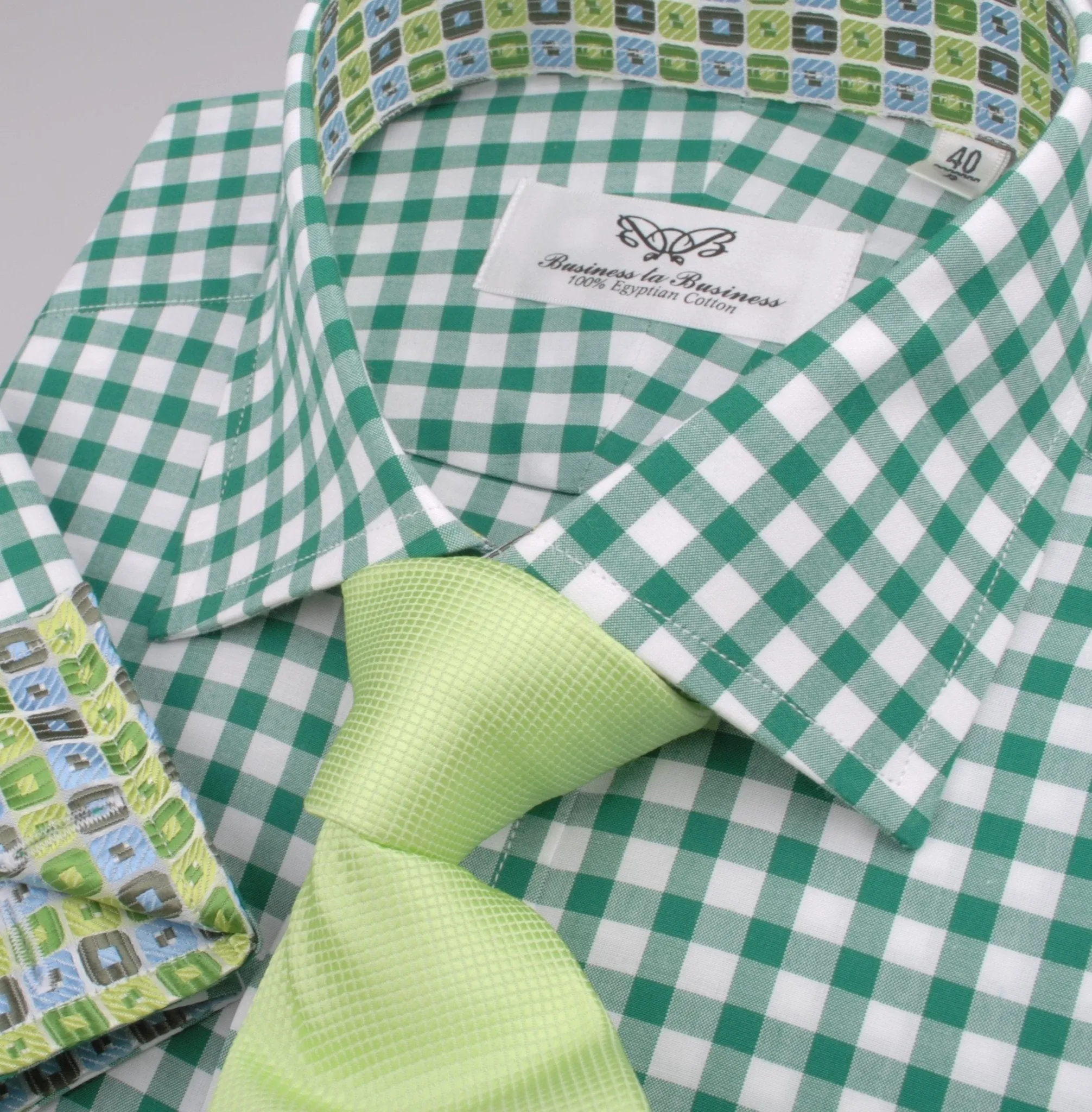 Large Green Gingham Check Formal Business Dress Shirt Blue Puzzle Designer Fashion