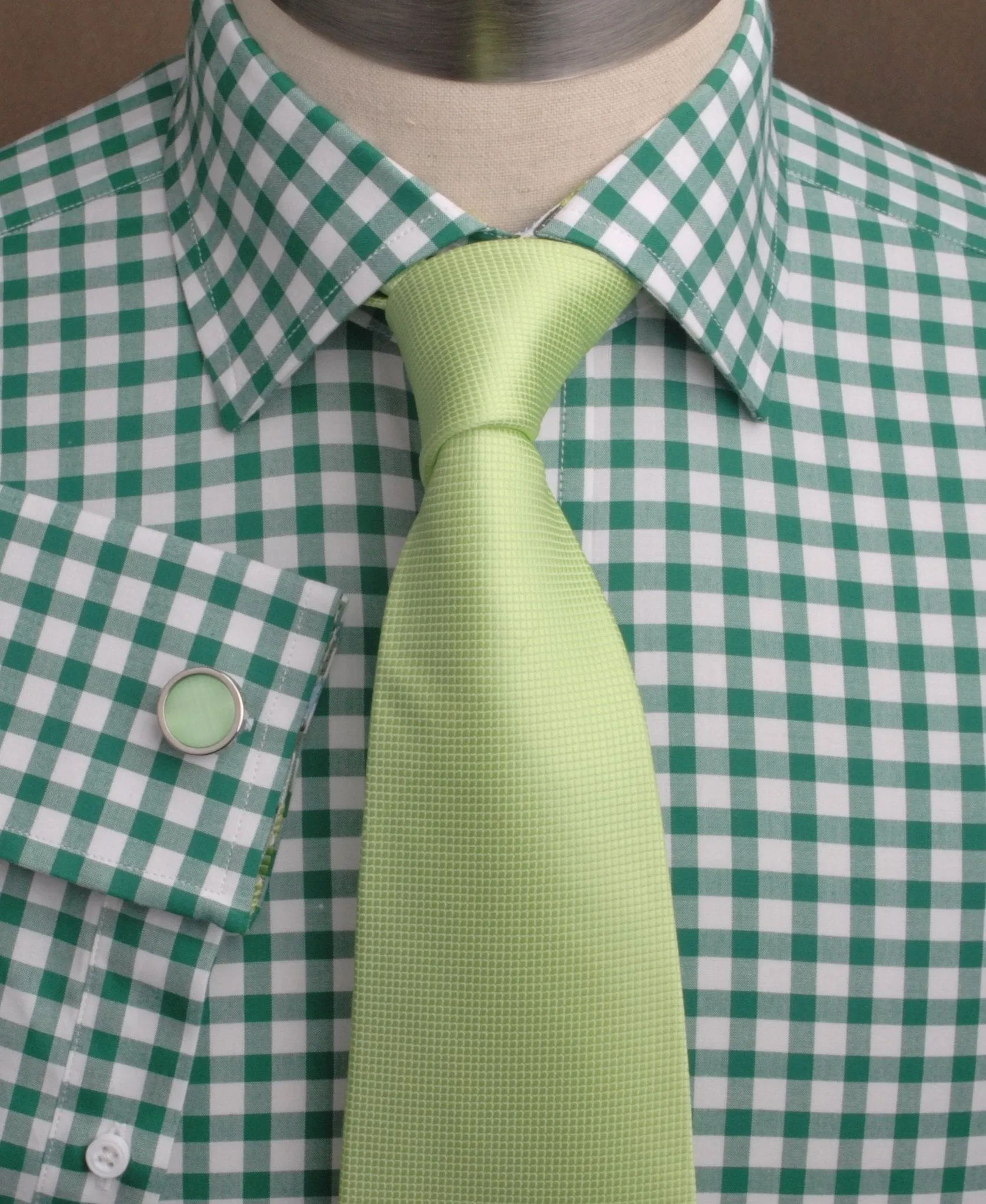 Large Green Gingham Check Formal Business Dress Shirt Blue Puzzle Designer Fashion