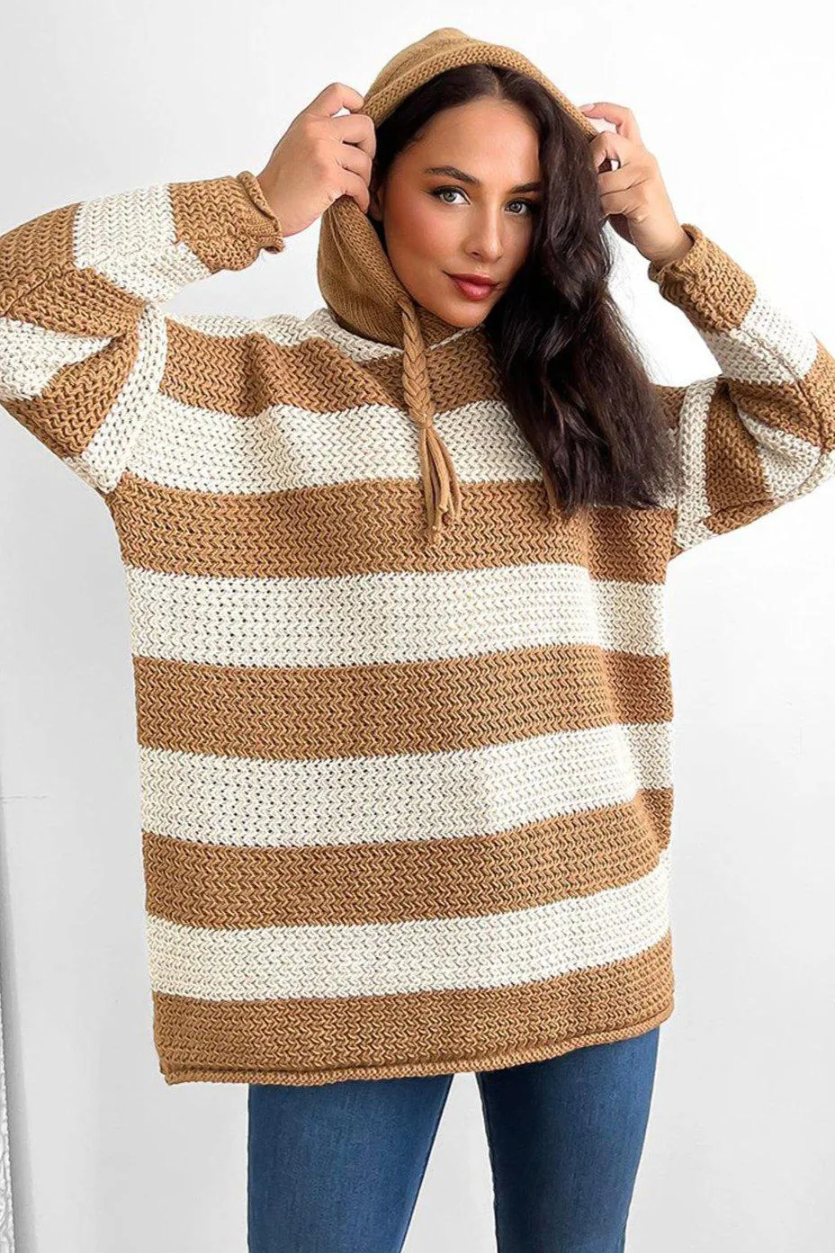 Large Stripes Pattern Hooded Pullover