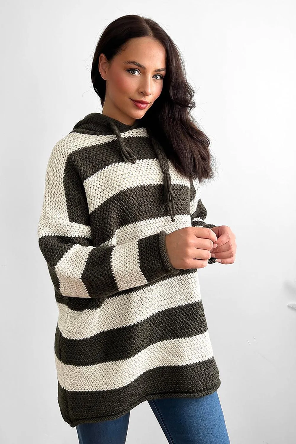 Large Stripes Pattern Hooded Pullover