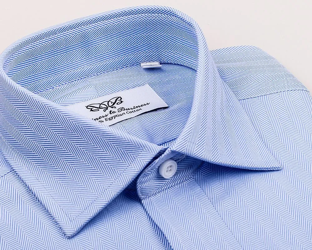 Light Blue Herringbone Formal Business Dress Shirt in French Double Cuffs